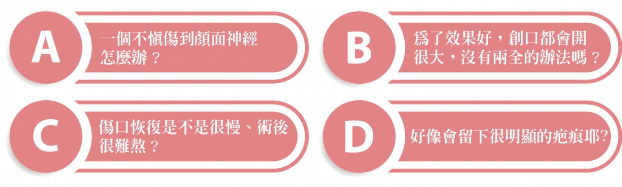 擔心拉皮手術會不慎傷到顏面神經、為了效果好創口開很大、傷口恢復慢,術後很難熬、留下明顯疤痕?